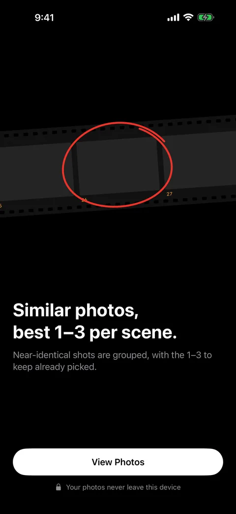 BestFrame’s first screen: a tilted strip of film on black with a red circle drawn around the middle frame, the headline “Similar photos, best 1–3 per scene.” and a button to view photos.