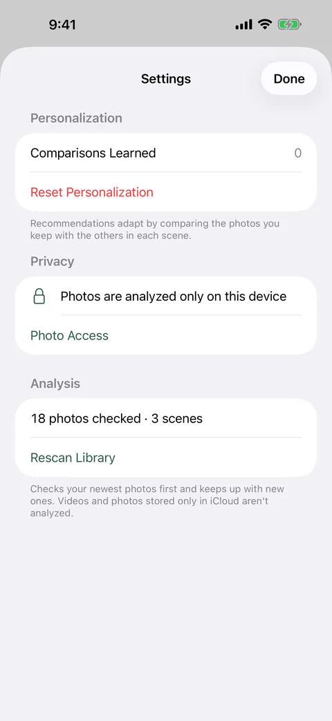 Settings: Comparisons Learned and Reset Personalization, “Photos are analyzed only on this device” under Privacy, and Rescan Library under Analysis.